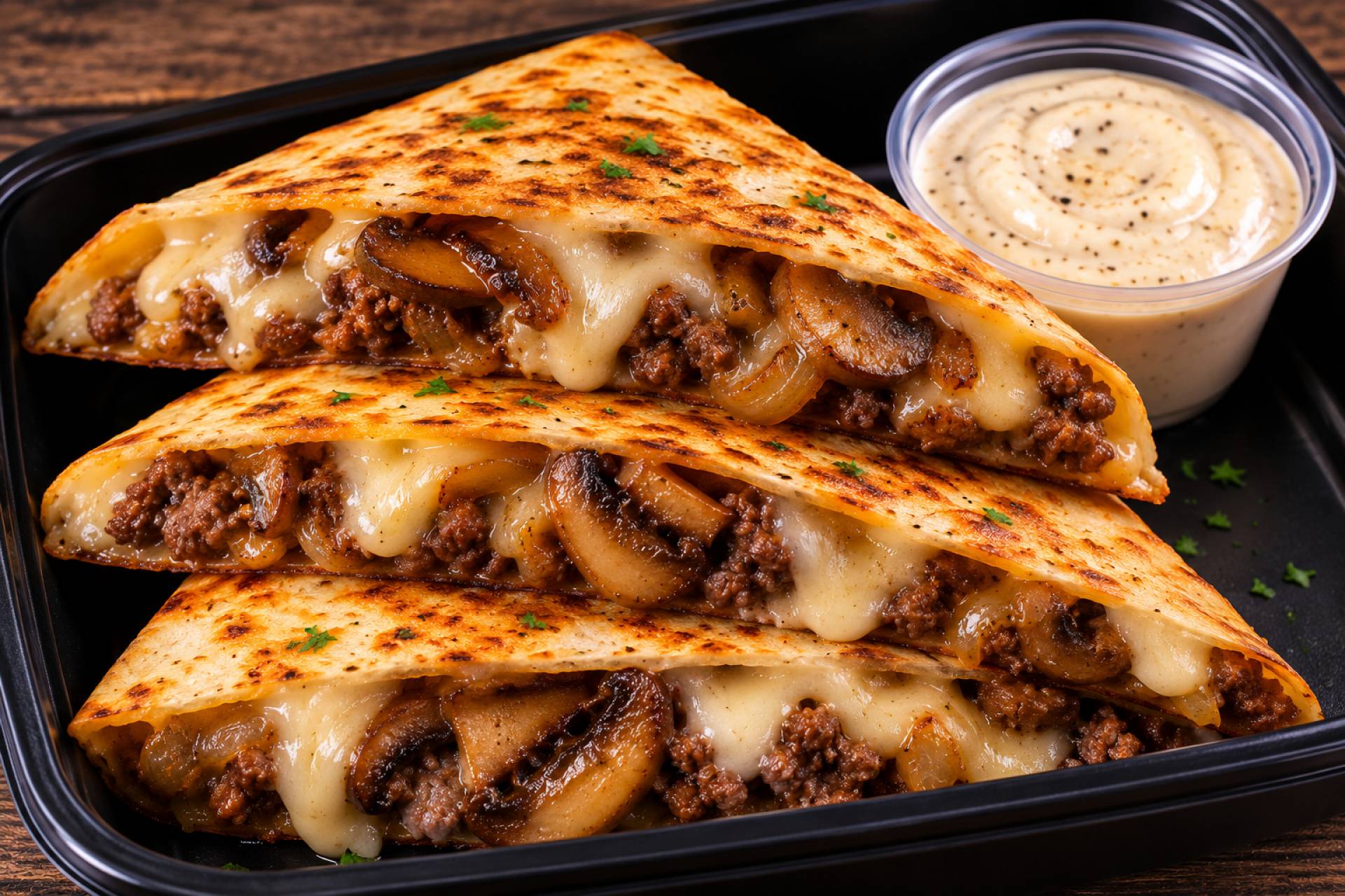 Mushroom Swiss Cheeseburger Quesadilla